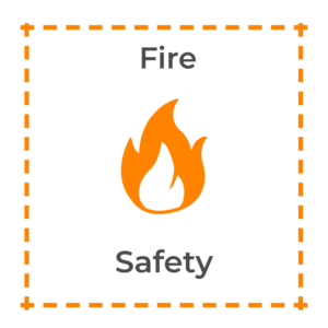 An orange icon of a flame with the words, "Fire Safety."